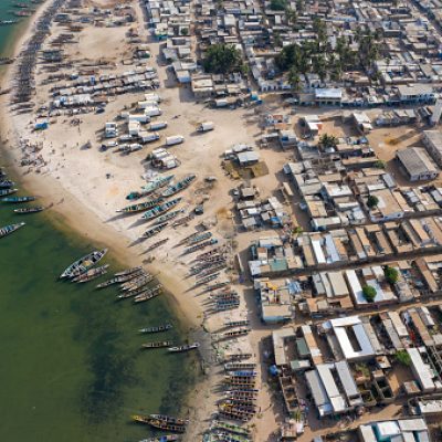 Aerial view of fishing village of Djiffer. Saloum Delta National Park, Joal Fadiout, Senegal. Africa. Photo made by drone from above.